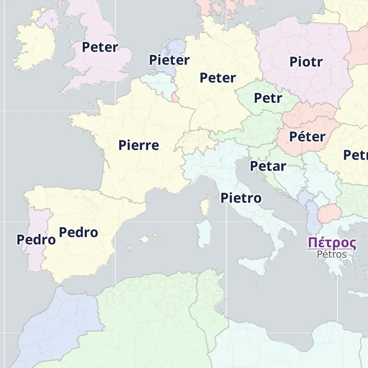 A map of Europe showing what each country calls Peter: Pierre, Pedro, Pietro, Piotr, Πέτρος and more