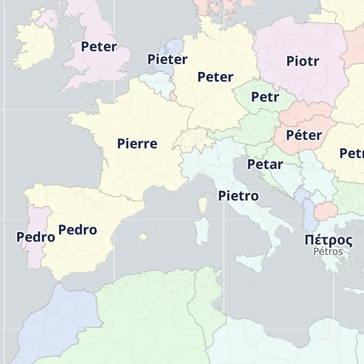ヨーロッパの地図に、各国での「ピーター」の呼び名（Pierre、Pedro、Pietro、Piotr、Πέτρος など）を重ねた図