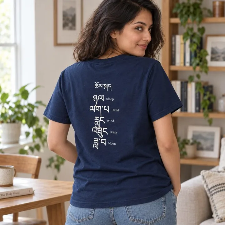 チベット文字の単語と英訳（Sleep、Hand、Wind、Drink、Moon）を縦に並べたネイビーのTシャツを着た女性の後ろ姿