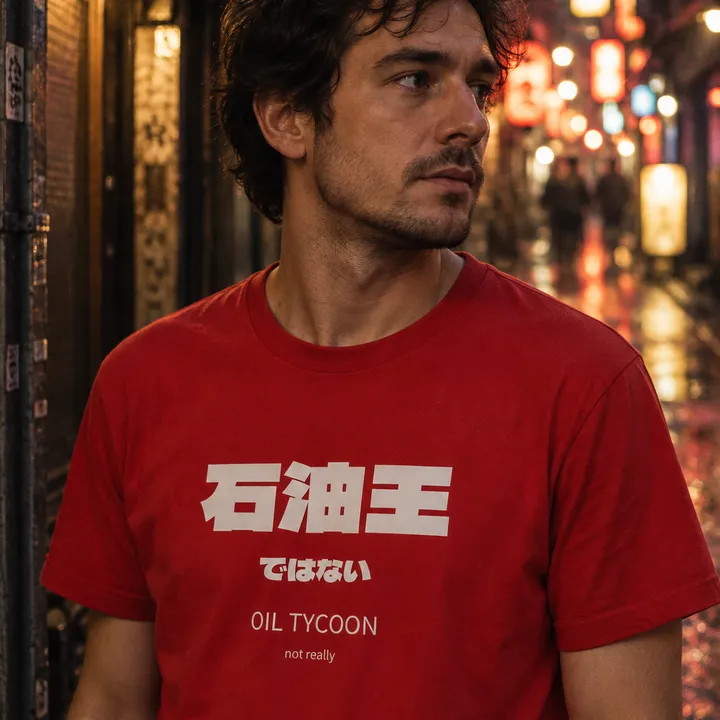 大きく「石油王」、その下に小さく「ではない」とプリントされた赤いTシャツを着て、夜の路地に立つ男性