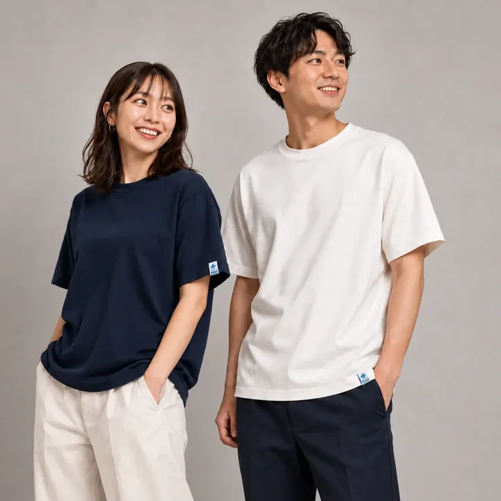 ロゴの小さな織りタグが袖と裾についた、ネイビーと白の無地Tシャツを着た2人